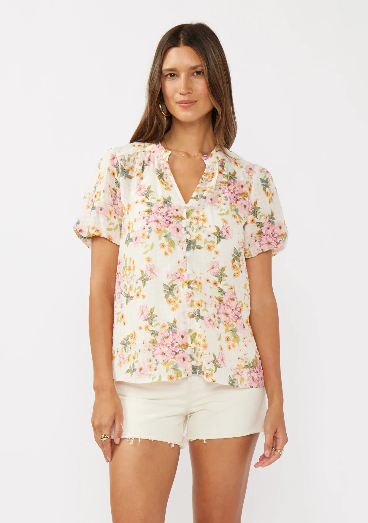 Floral Puff Sleeve Button-Down Top