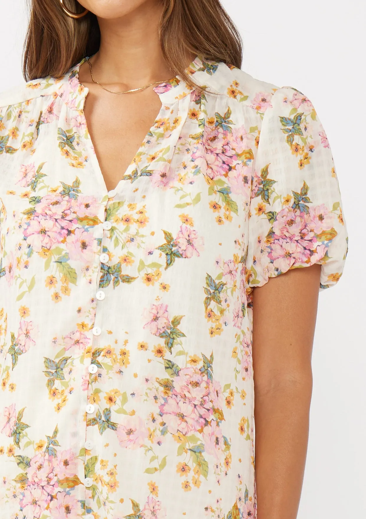 Floral Puff Sleeve Button-Down Top