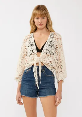 Floral Tie-Front Crochet Kimono