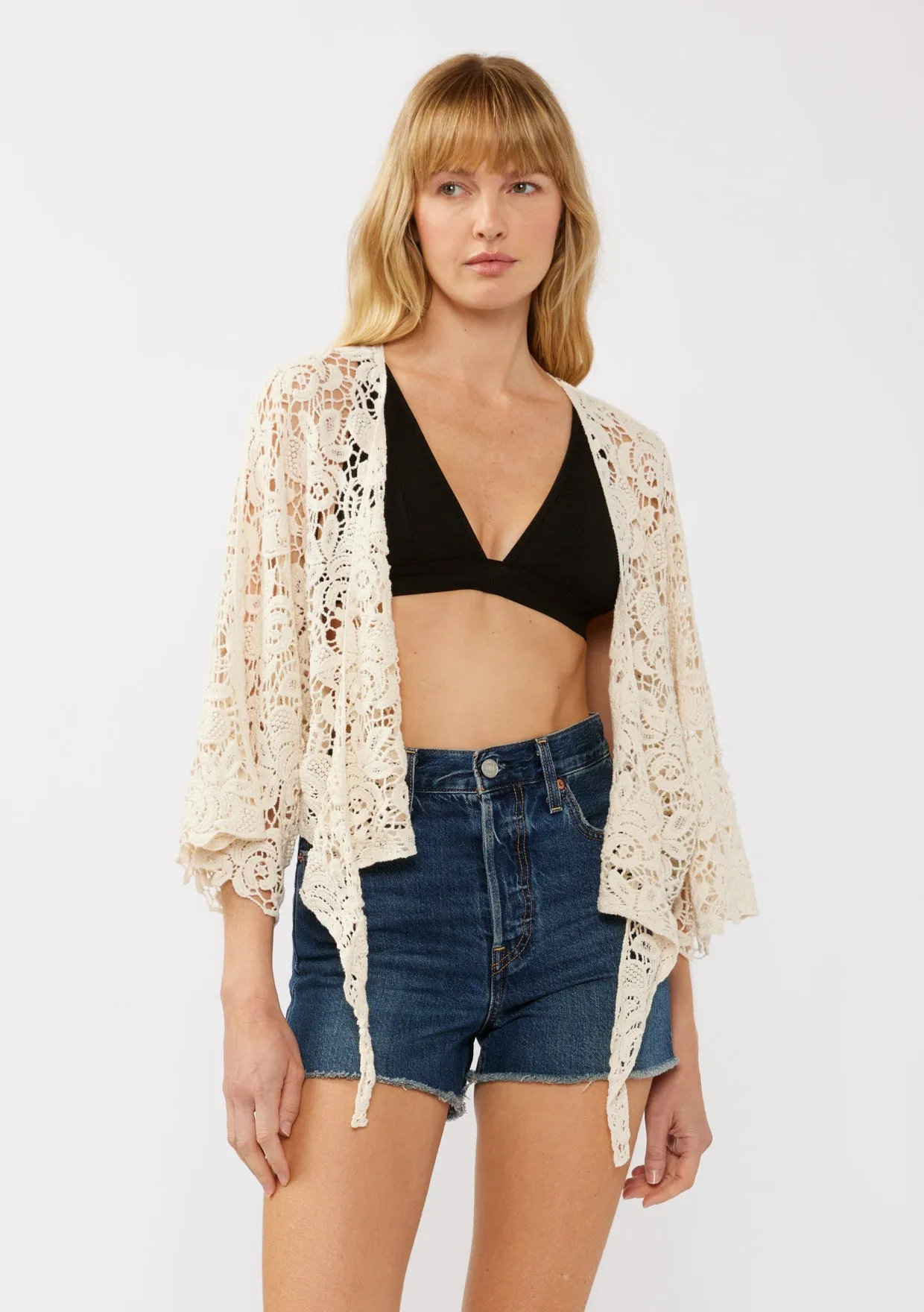 Floral Tie-Front Crochet Kimono