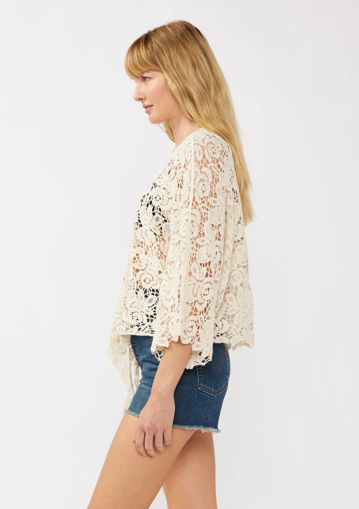 Floral Tie-Front Crochet Kimono