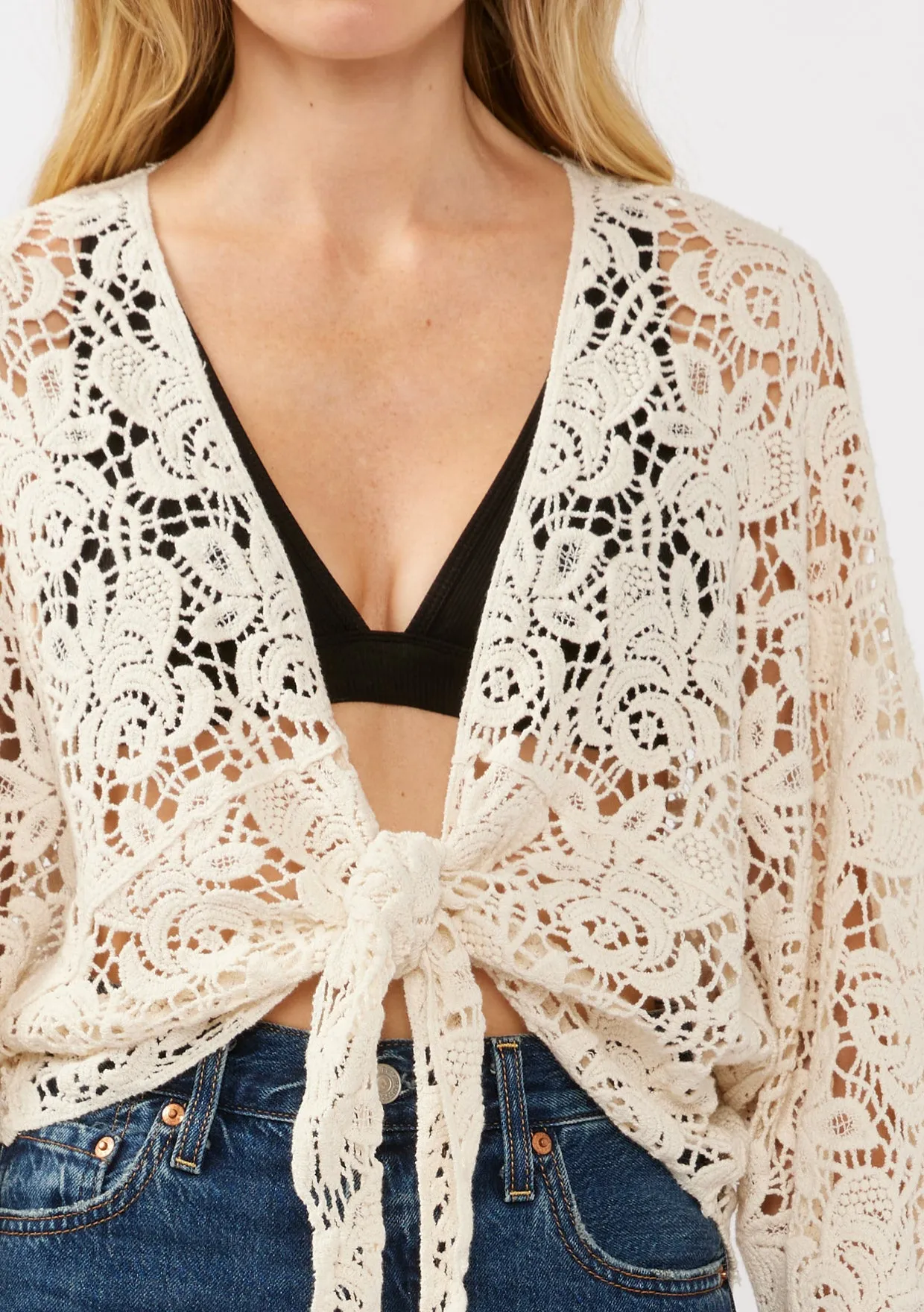 Floral Tie-Front Crochet Kimono