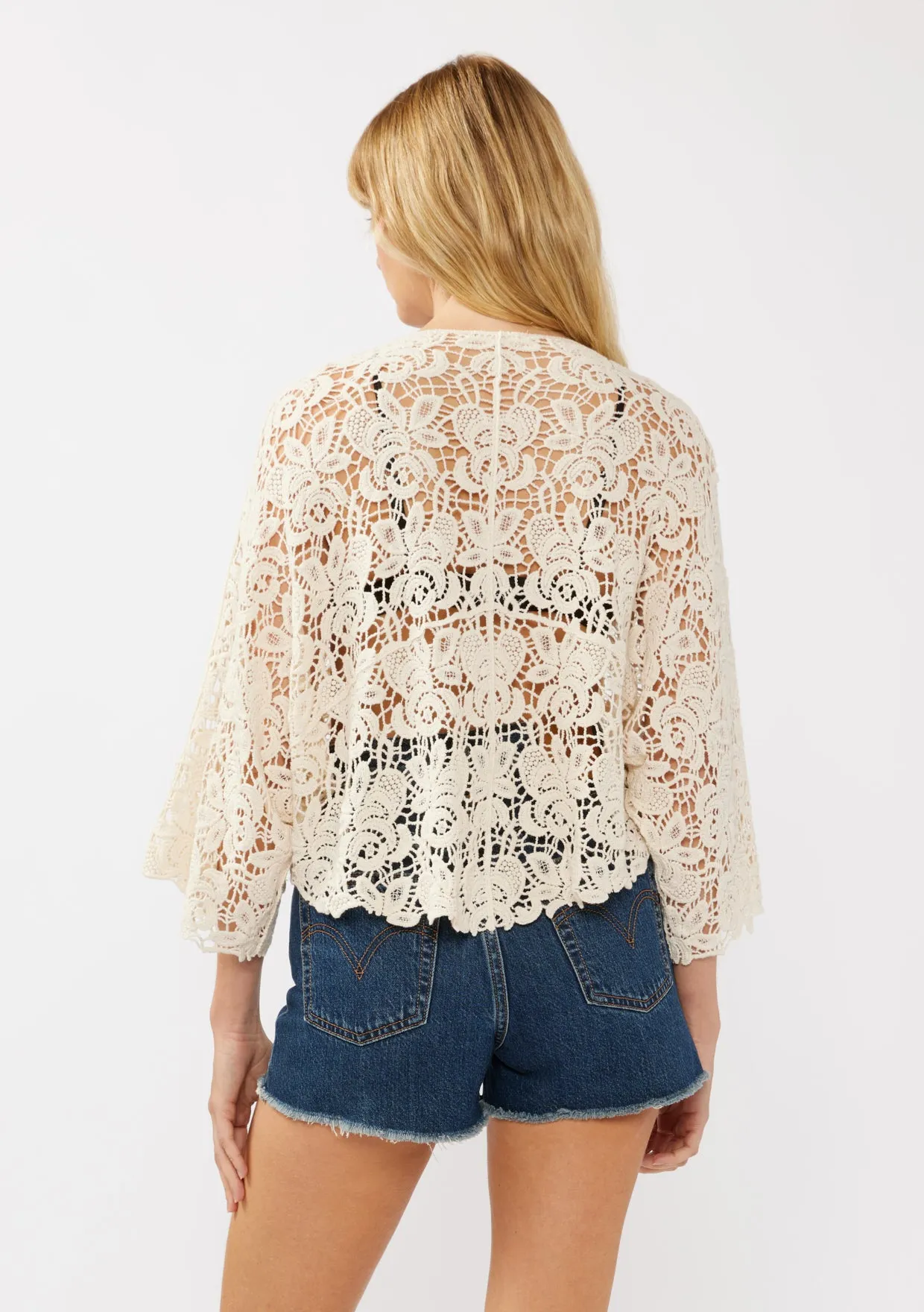 Floral Tie-Front Crochet Kimono