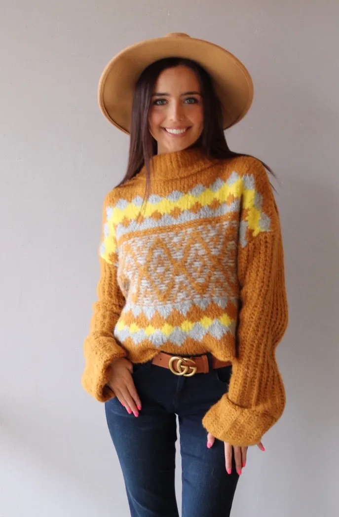 FREEPEOPLE Fair Isle ALPINE Highneck Widesleeve Pullover Top