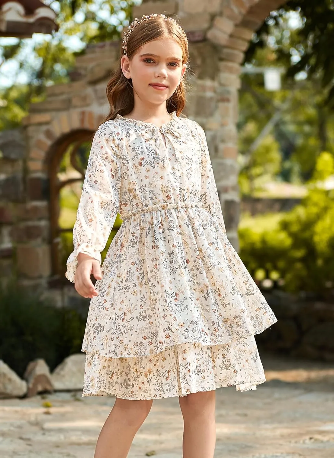 GRACE KARIN Girls Fall Long Sleeve Dress Formal Party Holiday Smocked Waist Midi Dresses 5-12Years