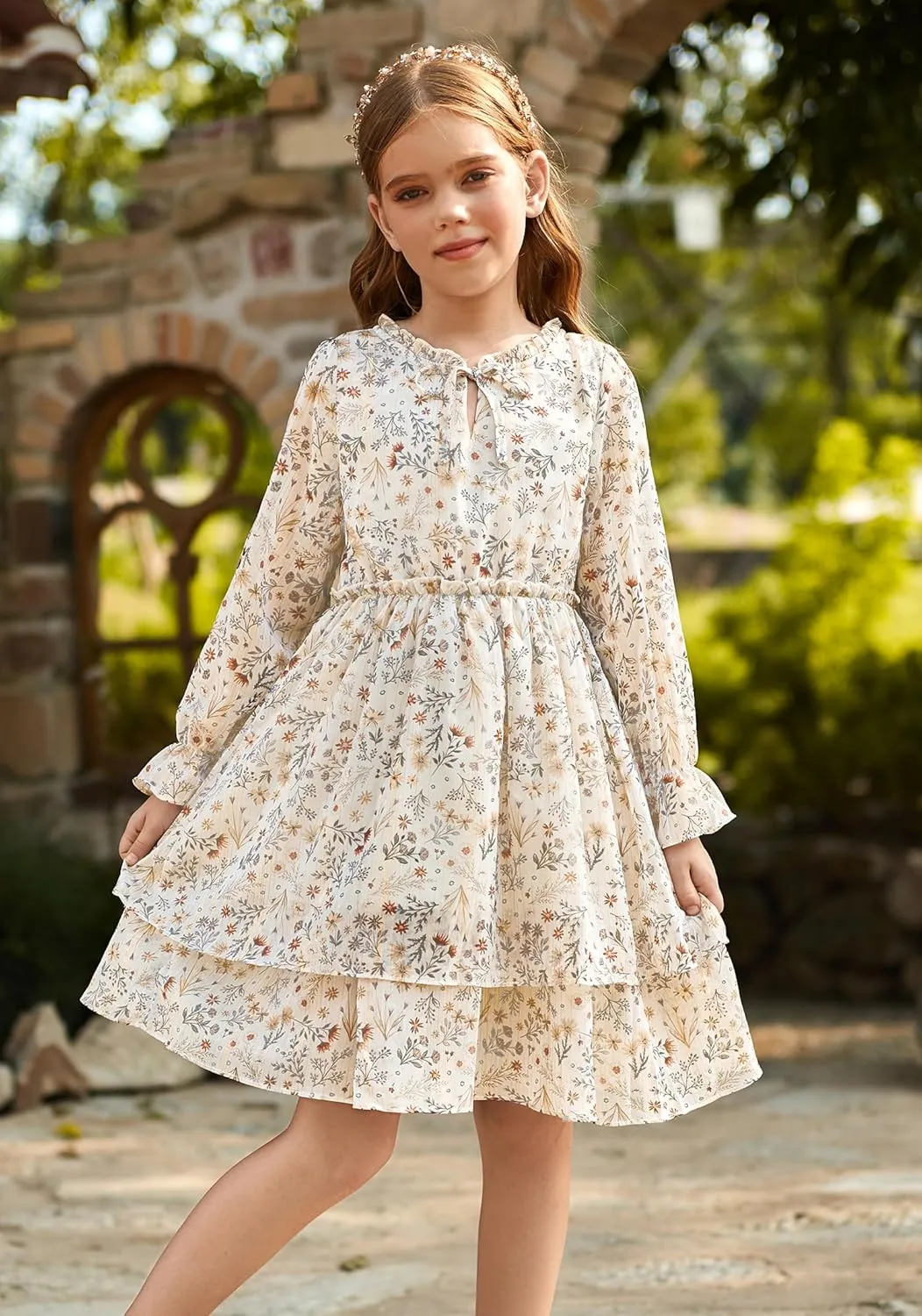 GRACE KARIN Girls Fall Long Sleeve Dress Formal Party Holiday Smocked Waist Midi Dresses 5-12Years