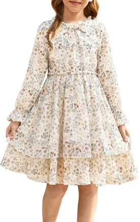 GRACE KARIN Girls Fall Long Sleeve Dress Formal Party Holiday Smocked Waist Midi Dresses 5-12Years