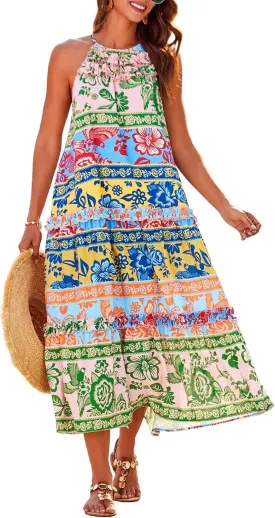 GRACE KARIN Women's Maxi Boho Dress Casual Summer Loose Long Floral Sundresses Flowy Halter Tiered Beach Vacation Outfits