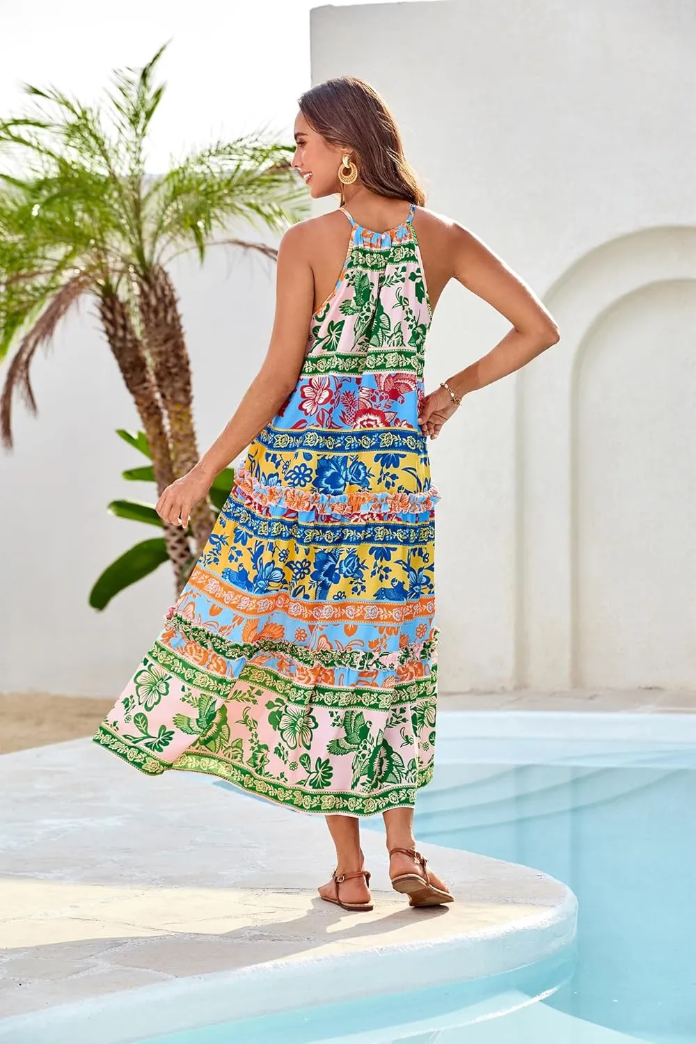 GRACE KARIN Women's Maxi Boho Dress Casual Summer Loose Long Floral Sundresses Flowy Halter Tiered Beach Vacation Outfits