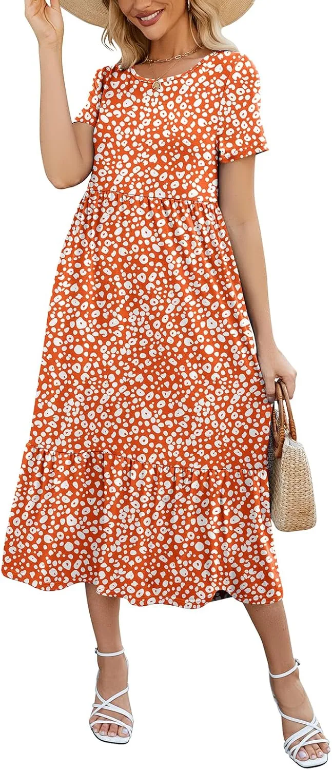 Gracyoga Women's Summer Maxi Dress 2025 Casual Short Sleeve Crewneck Flowy Swing Tiered Long Beach Dresses with Pockets