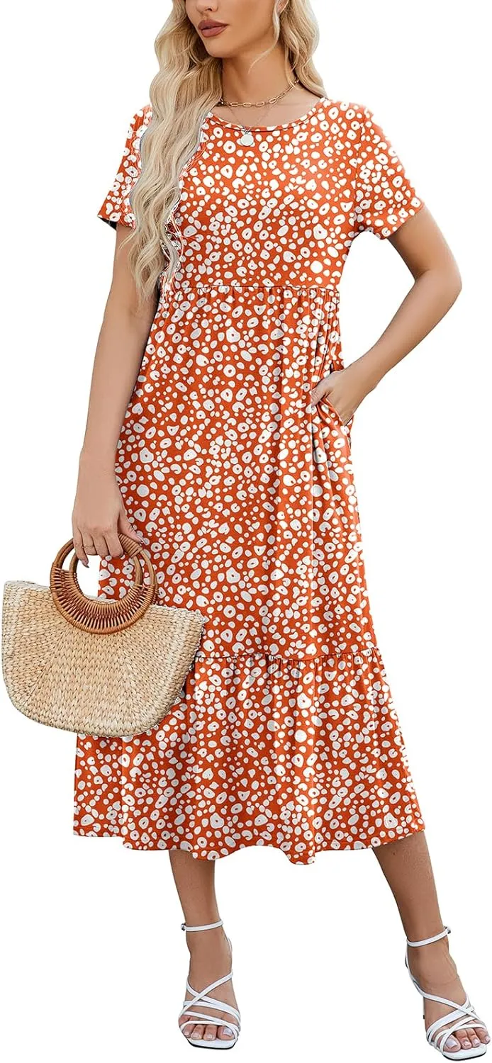 Gracyoga Women's Summer Maxi Dress 2025 Casual Short Sleeve Crewneck Flowy Swing Tiered Long Beach Dresses with Pockets