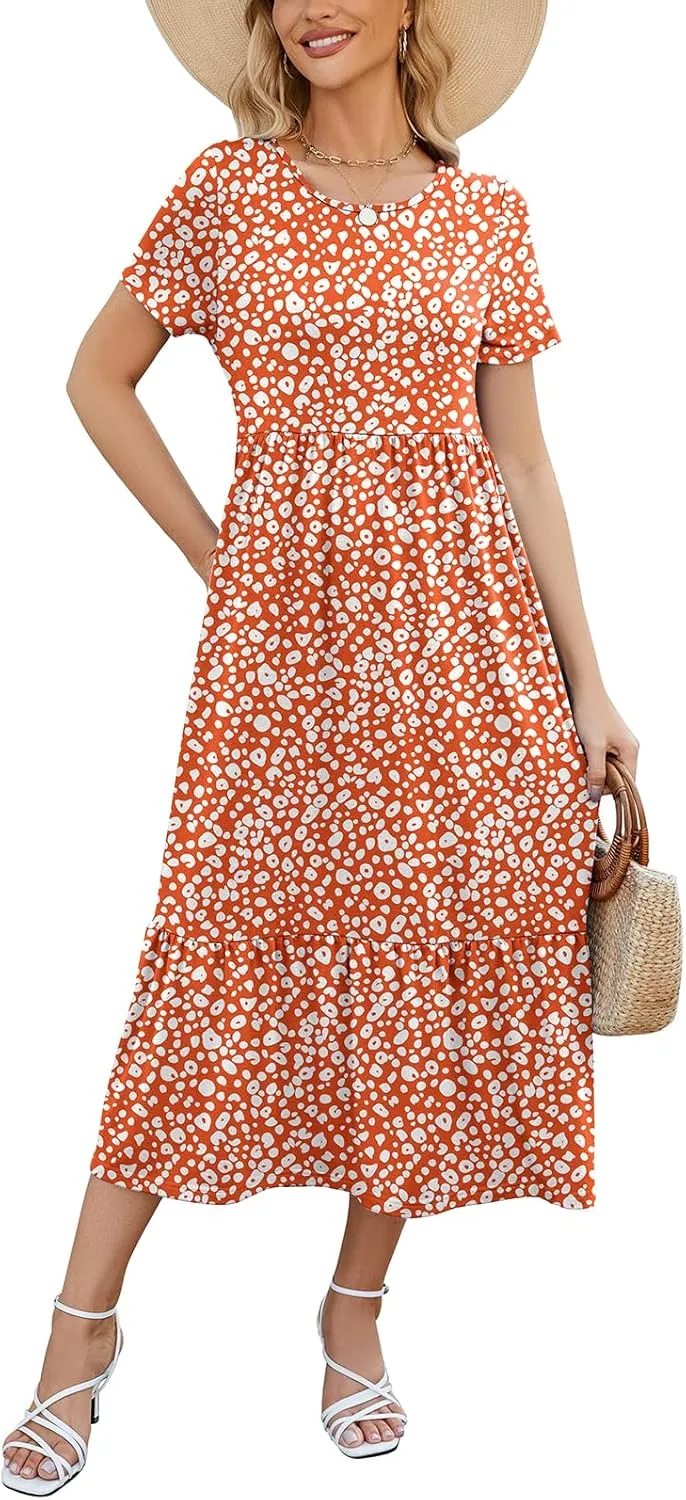 Gracyoga Women's Summer Maxi Dress 2025 Casual Short Sleeve Crewneck Flowy Swing Tiered Long Beach Dresses with Pockets