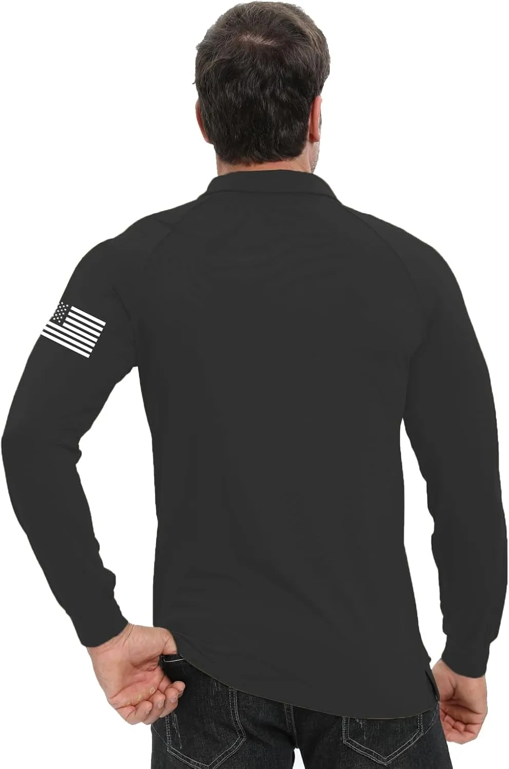 H HYFOL Long Sleeve Polo Shirts for Men Graphic Stretch Casual American Patriotic Raglan Golf Polos for Men