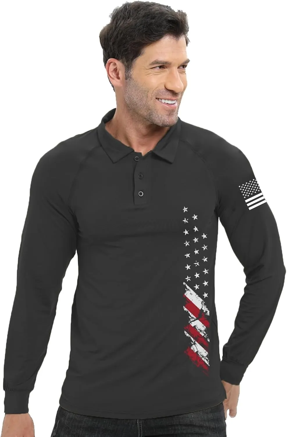 H HYFOL Long Sleeve Polo Shirts for Men Graphic Stretch Casual American Patriotic Raglan Golf Polos for Men