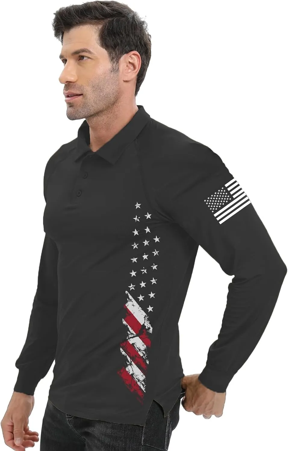 H HYFOL Long Sleeve Polo Shirts for Men Graphic Stretch Casual American Patriotic Raglan Golf Polos for Men