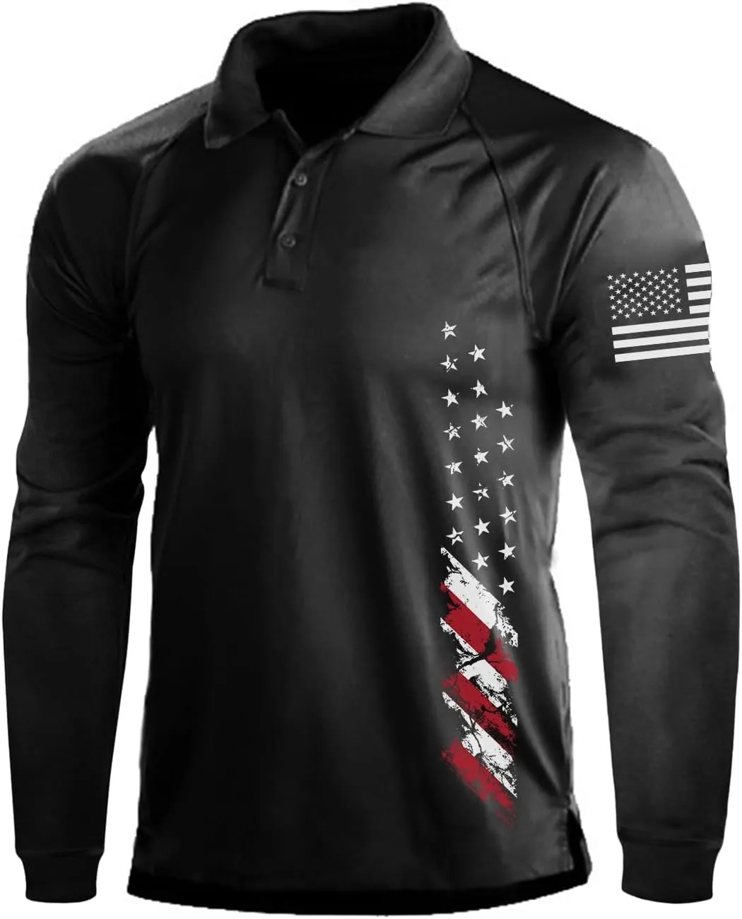 H HYFOL Long Sleeve Polo Shirts for Men Graphic Stretch Casual American Patriotic Raglan Golf Polos for Men