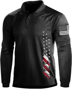 H HYFOL Long Sleeve Polo Shirts for Men Graphic Stretch Casual American Patriotic Raglan Golf Polos for Men
