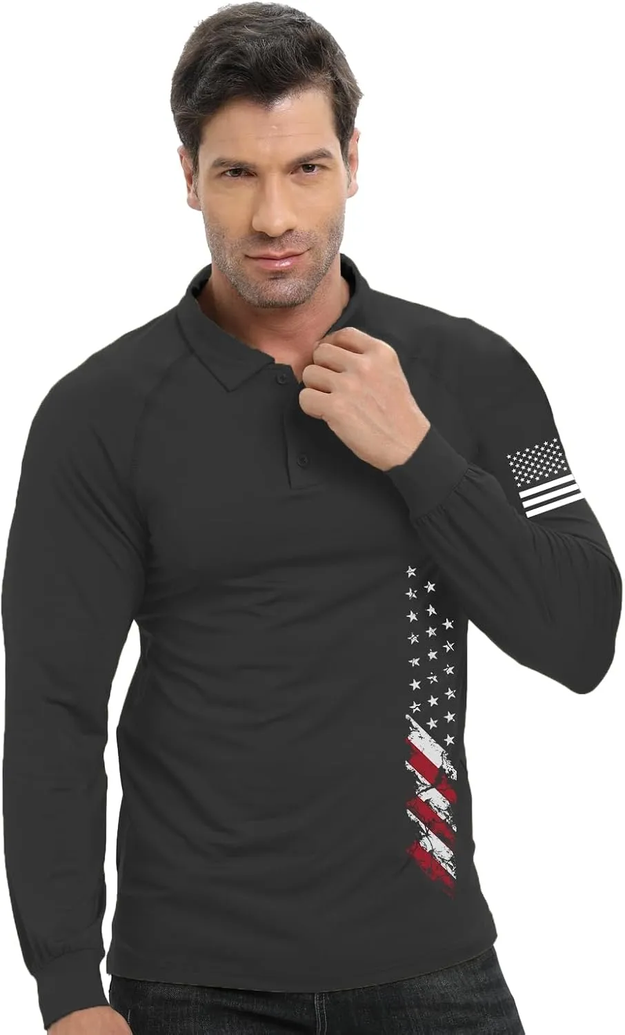 H HYFOL Long Sleeve Polo Shirts for Men Graphic Stretch Casual American Patriotic Raglan Golf Polos for Men