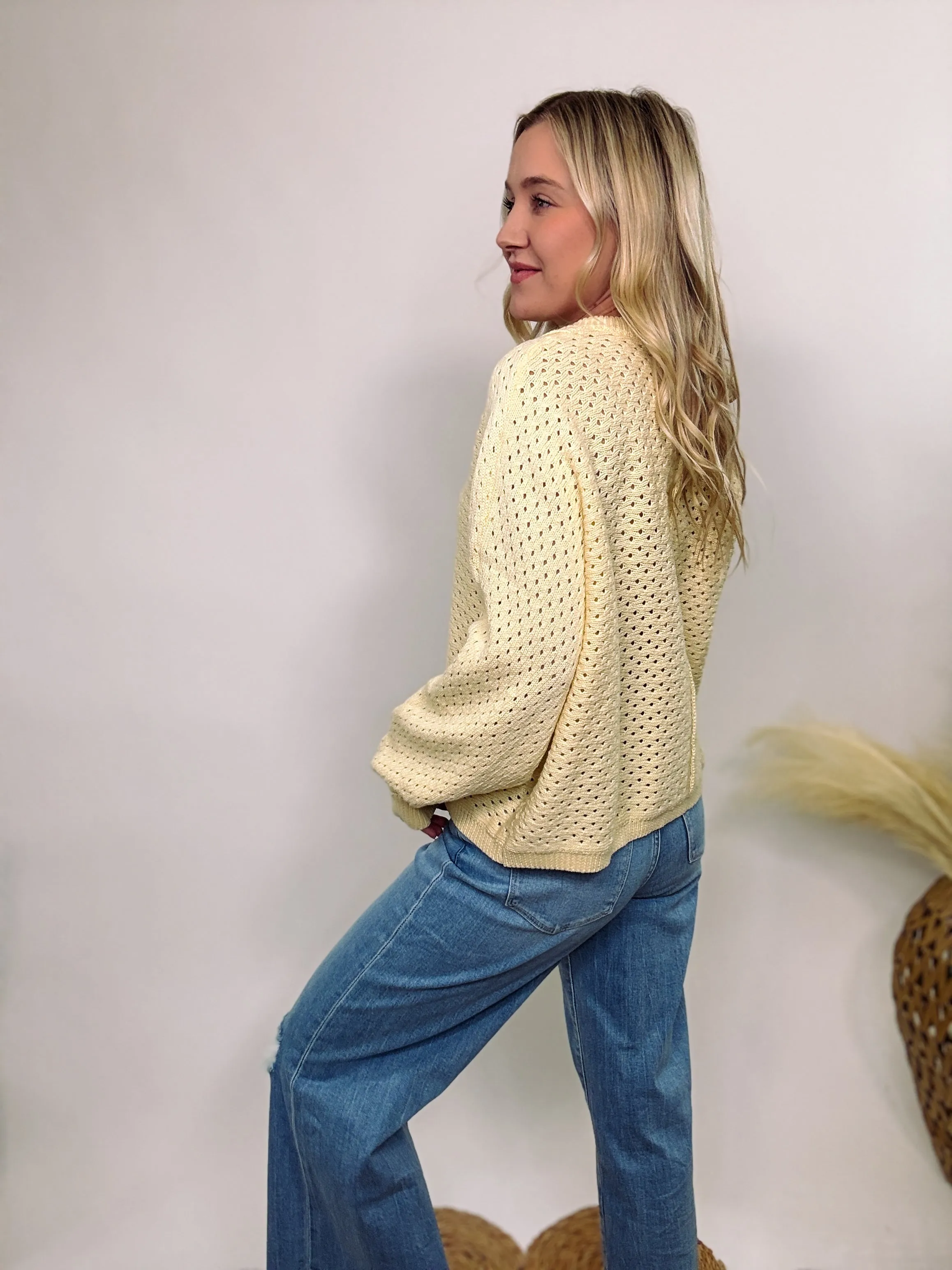 Henley Button Up Open Knit Spring Sweater in Yellow