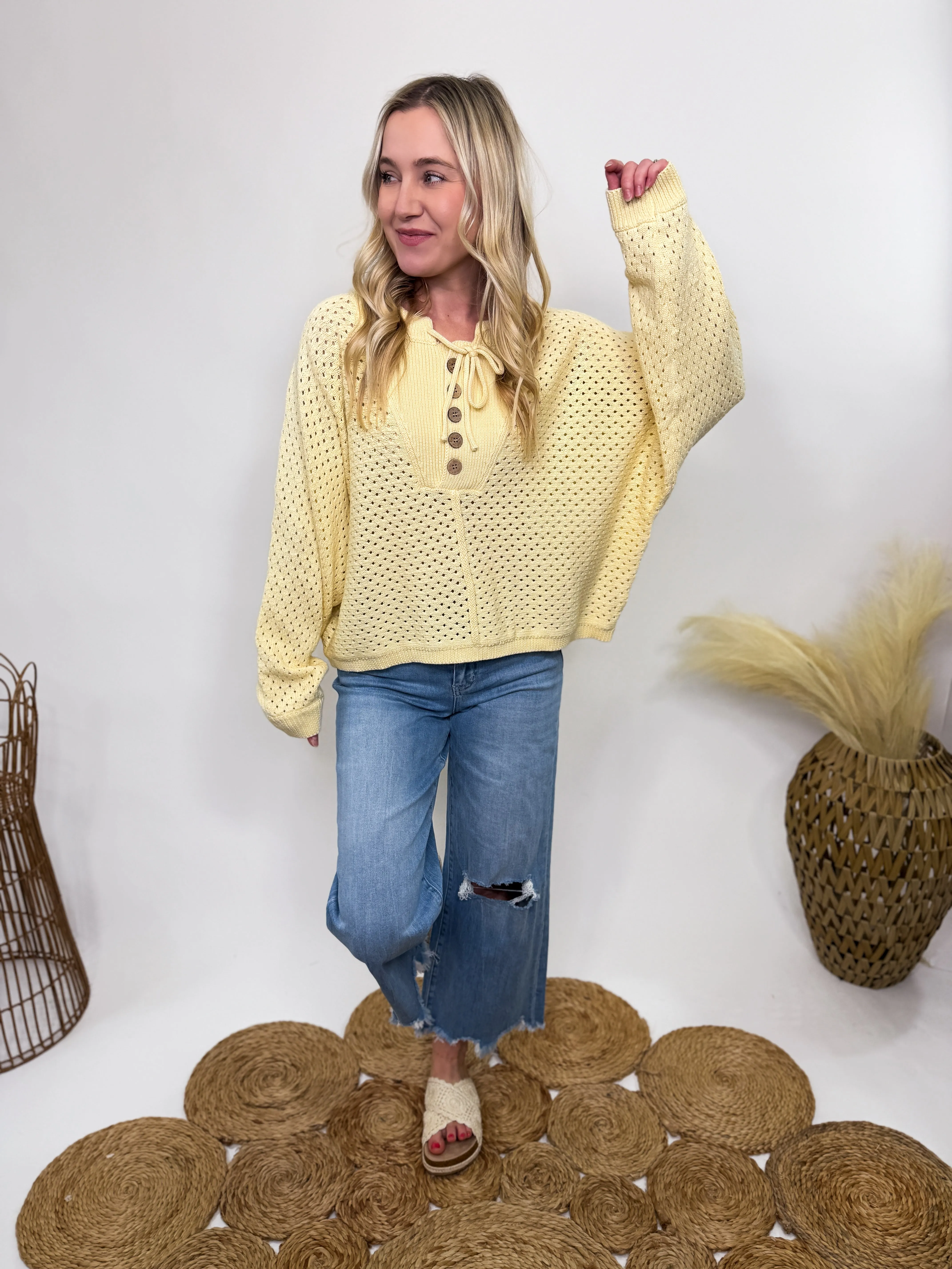 Henley Button Up Open Knit Spring Sweater in Yellow