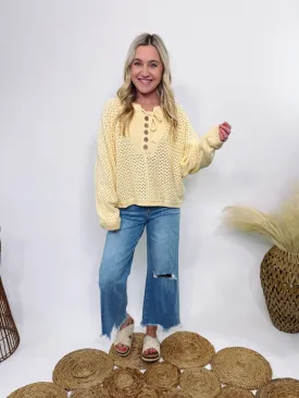 Henley Button Up Open Knit Spring Sweater in Yellow