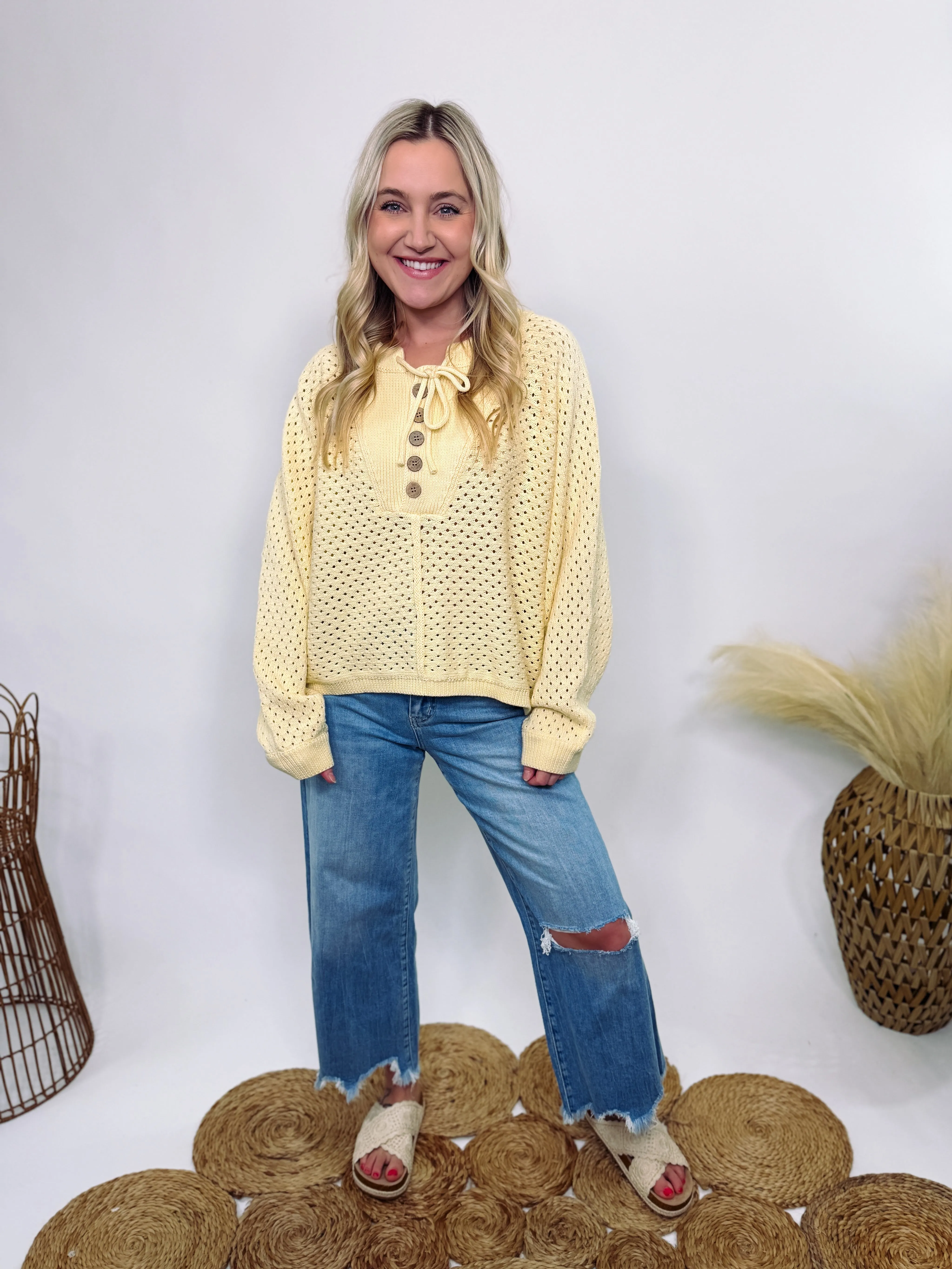 Henley Button Up Open Knit Spring Sweater in Yellow