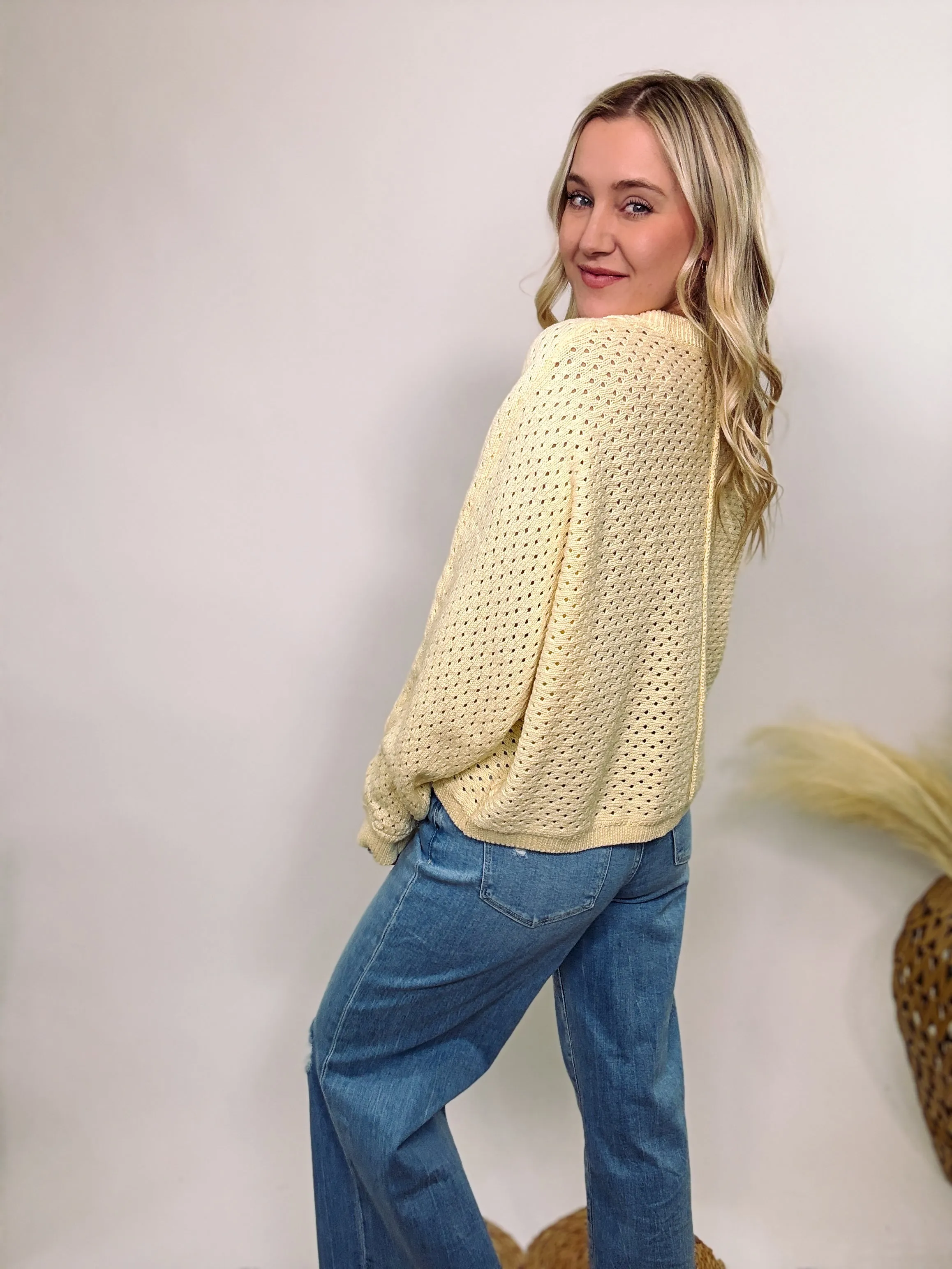Henley Button Up Open Knit Spring Sweater in Yellow