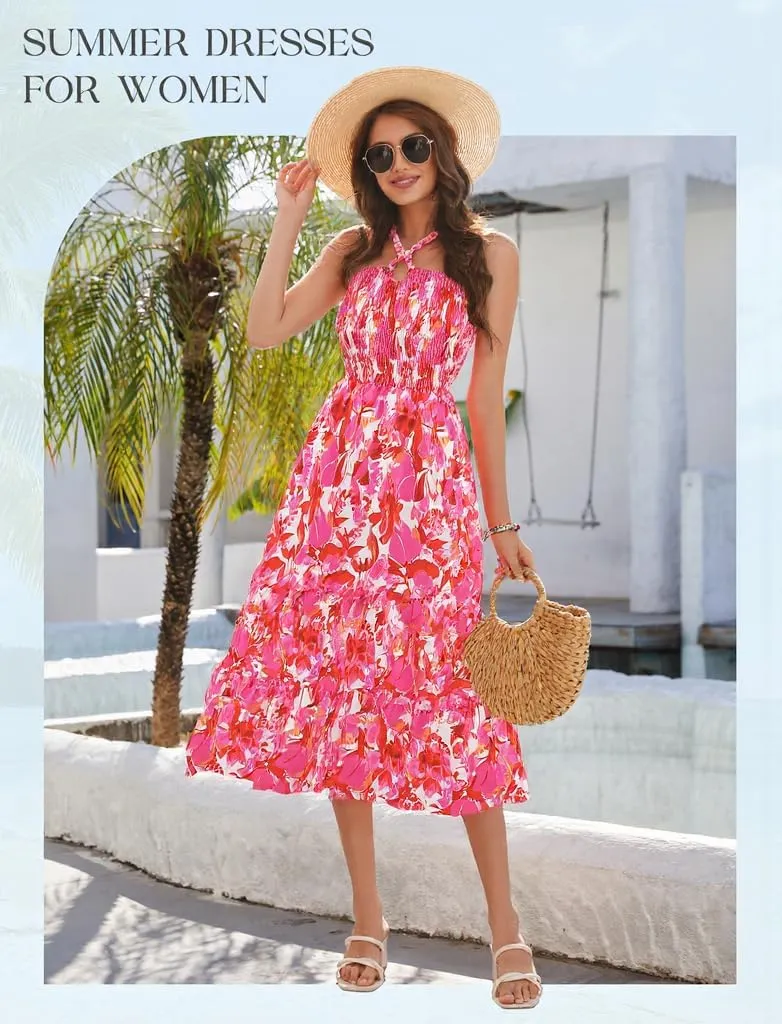 HomRain Summer Halter Dresses for Women 2025 Floral Maxi Dress with Sleeveless for Casual Flowy Boho Beach Wedding