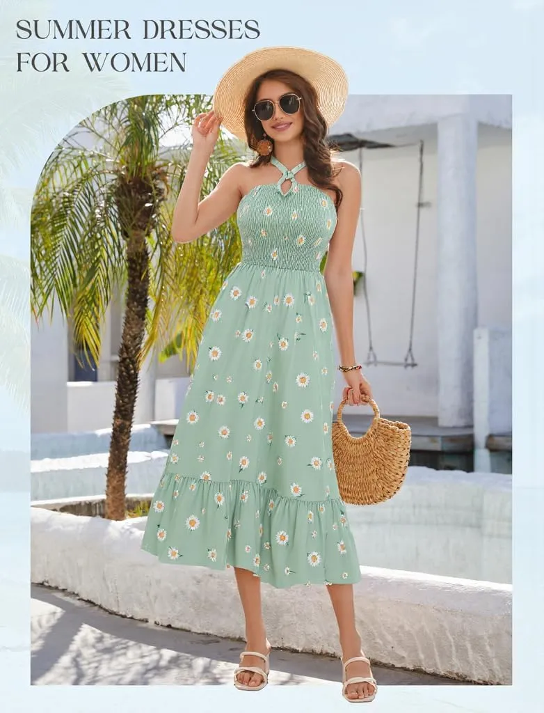 HomRain Summer Halter Dresses for Women 2025 Floral Maxi Dress with Sleeveless for Casual Flowy Boho Beach Wedding