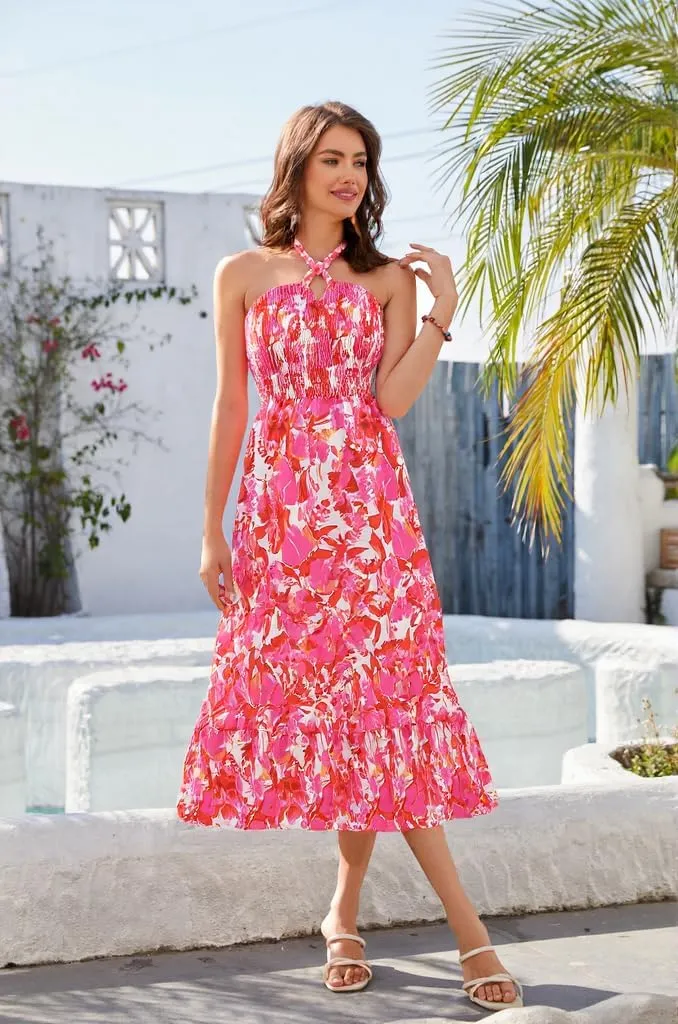 HomRain Summer Halter Dresses for Women 2025 Floral Maxi Dress with Sleeveless for Casual Flowy Boho Beach Wedding