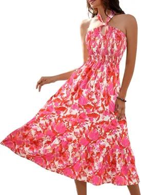 HomRain Summer Halter Dresses for Women 2025 Floral Maxi Dress with Sleeveless for Casual Flowy Boho Beach Wedding