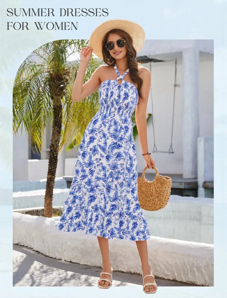HomRain Summer Halter Dresses for Women 2025 Floral Maxi Dress with Sleeveless for Casual Flowy Boho Beach Wedding