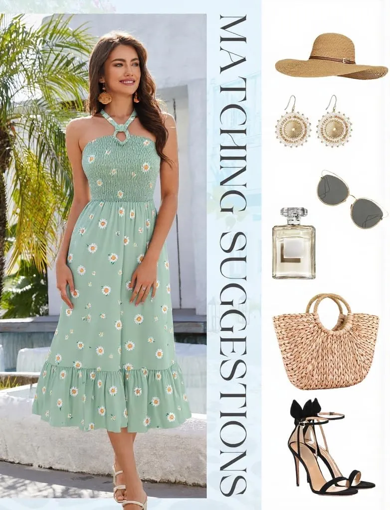 HomRain Summer Halter Dresses for Women 2025 Floral Maxi Dress with Sleeveless for Casual Flowy Boho Beach Wedding