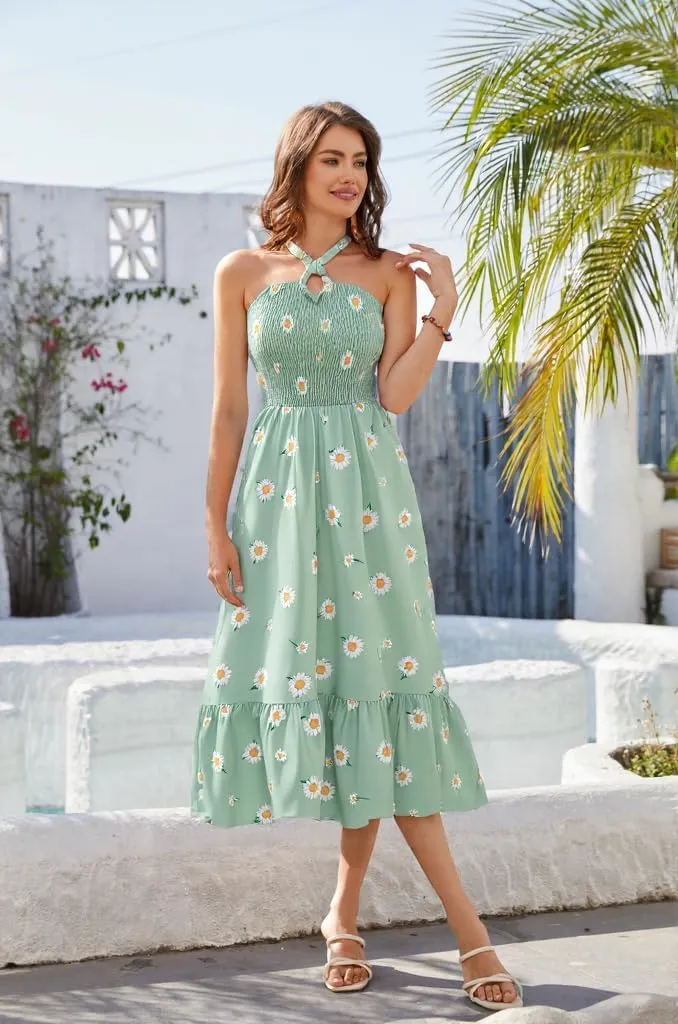 HomRain Summer Halter Dresses for Women 2025 Floral Maxi Dress with Sleeveless for Casual Flowy Boho Beach Wedding
