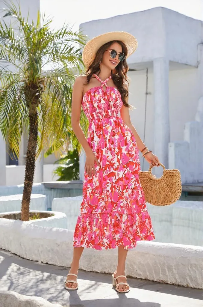 HomRain Summer Halter Dresses for Women 2025 Floral Maxi Dress with Sleeveless for Casual Flowy Boho Beach Wedding