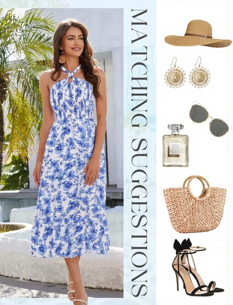 HomRain Summer Halter Dresses for Women 2025 Floral Maxi Dress with Sleeveless for Casual Flowy Boho Beach Wedding