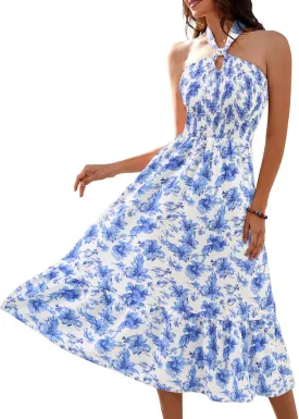 HomRain Summer Halter Dresses for Women 2025 Floral Maxi Dress with Sleeveless for Casual Flowy Boho Beach Wedding