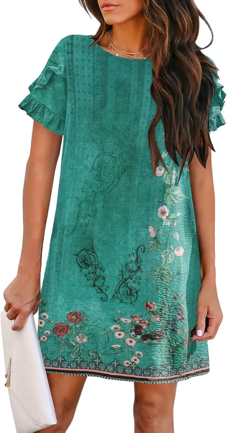 HOTOUCH Womens Summer Dress 2025 Short Sleeve A-Line Mini Dress Casual Crew Neck Shift Dress Beach Sundress with Pockets