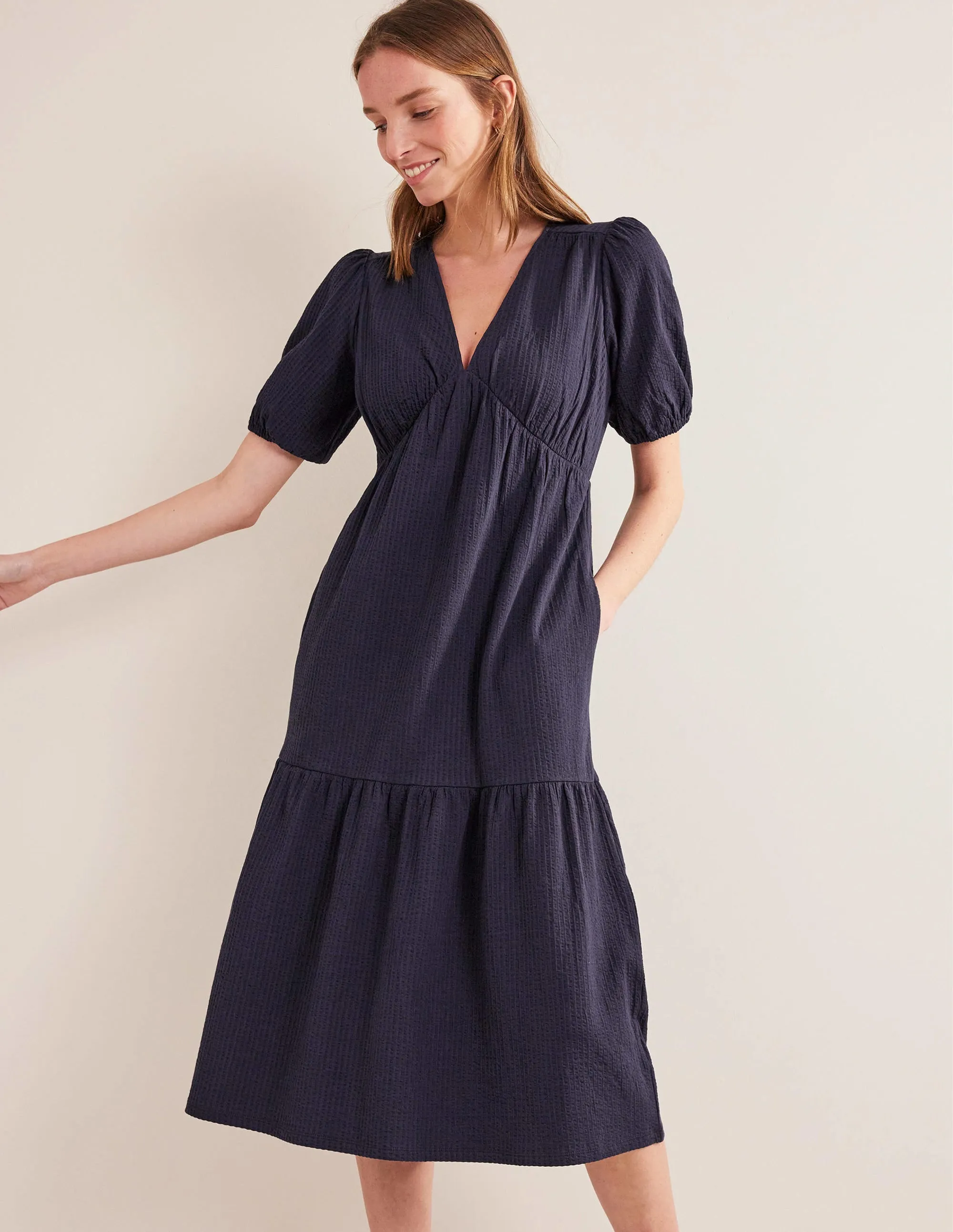 Jersey Seersucker Midi Dress-Navy