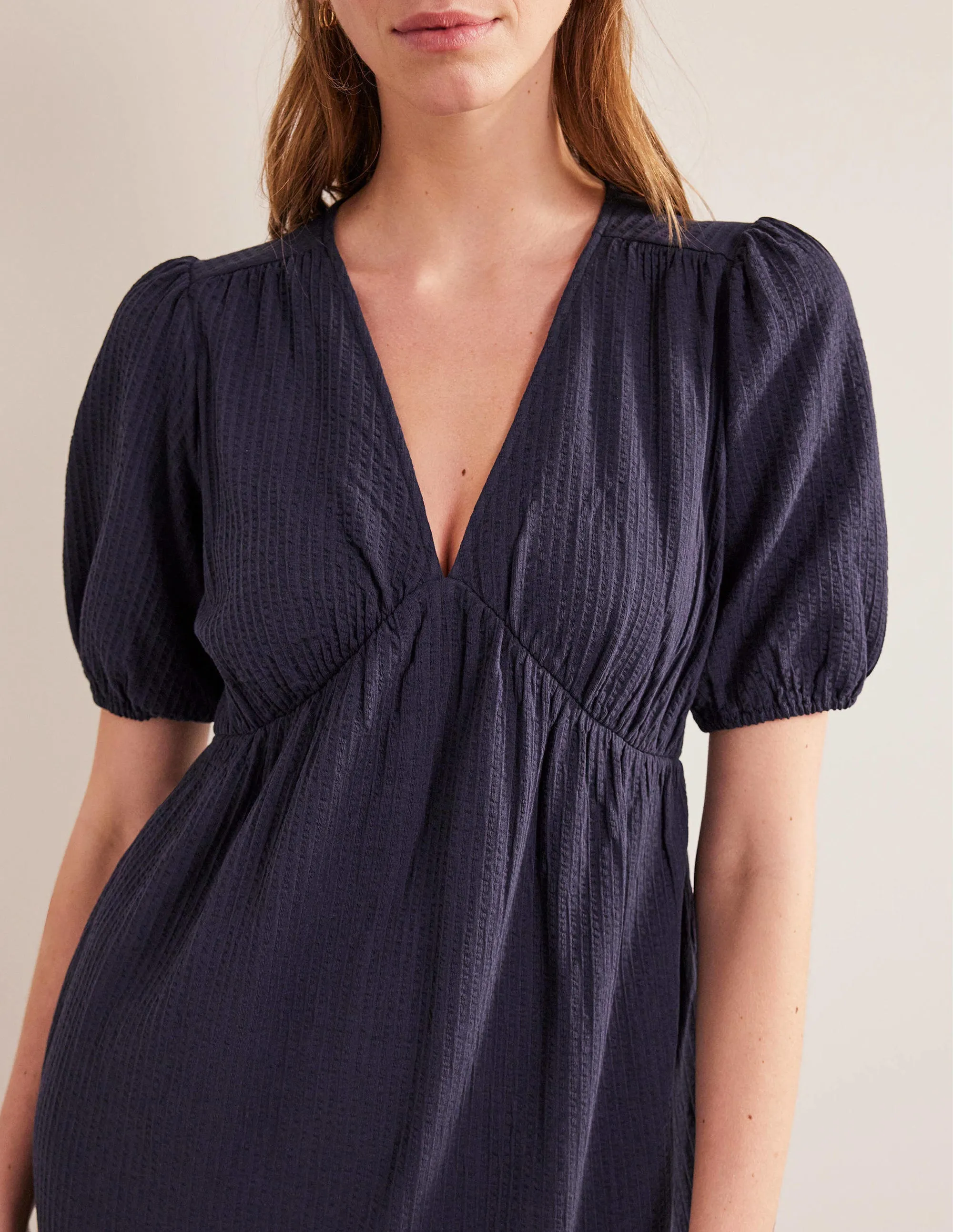 Jersey Seersucker Midi Dress-Navy