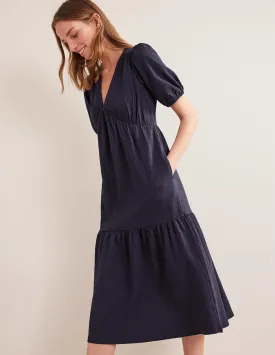 Jersey Seersucker Midi Dress-Navy