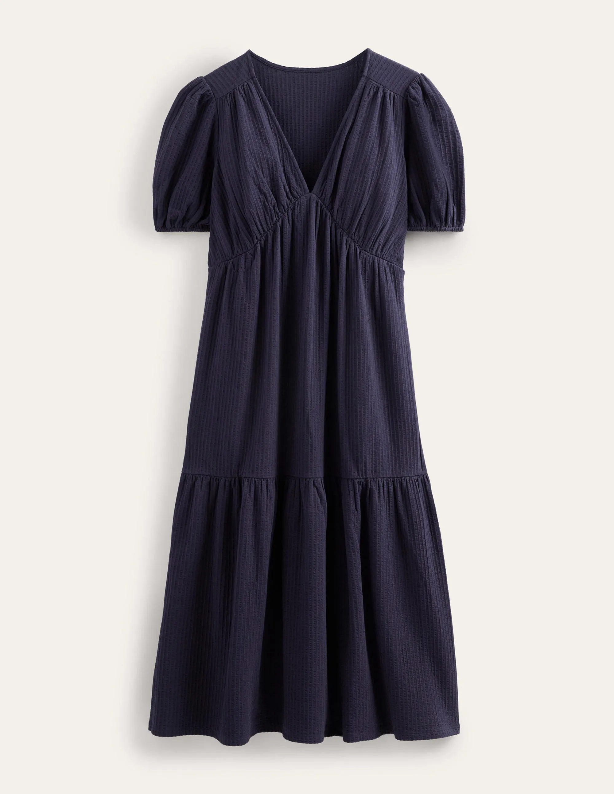 Jersey Seersucker Midi Dress-Navy