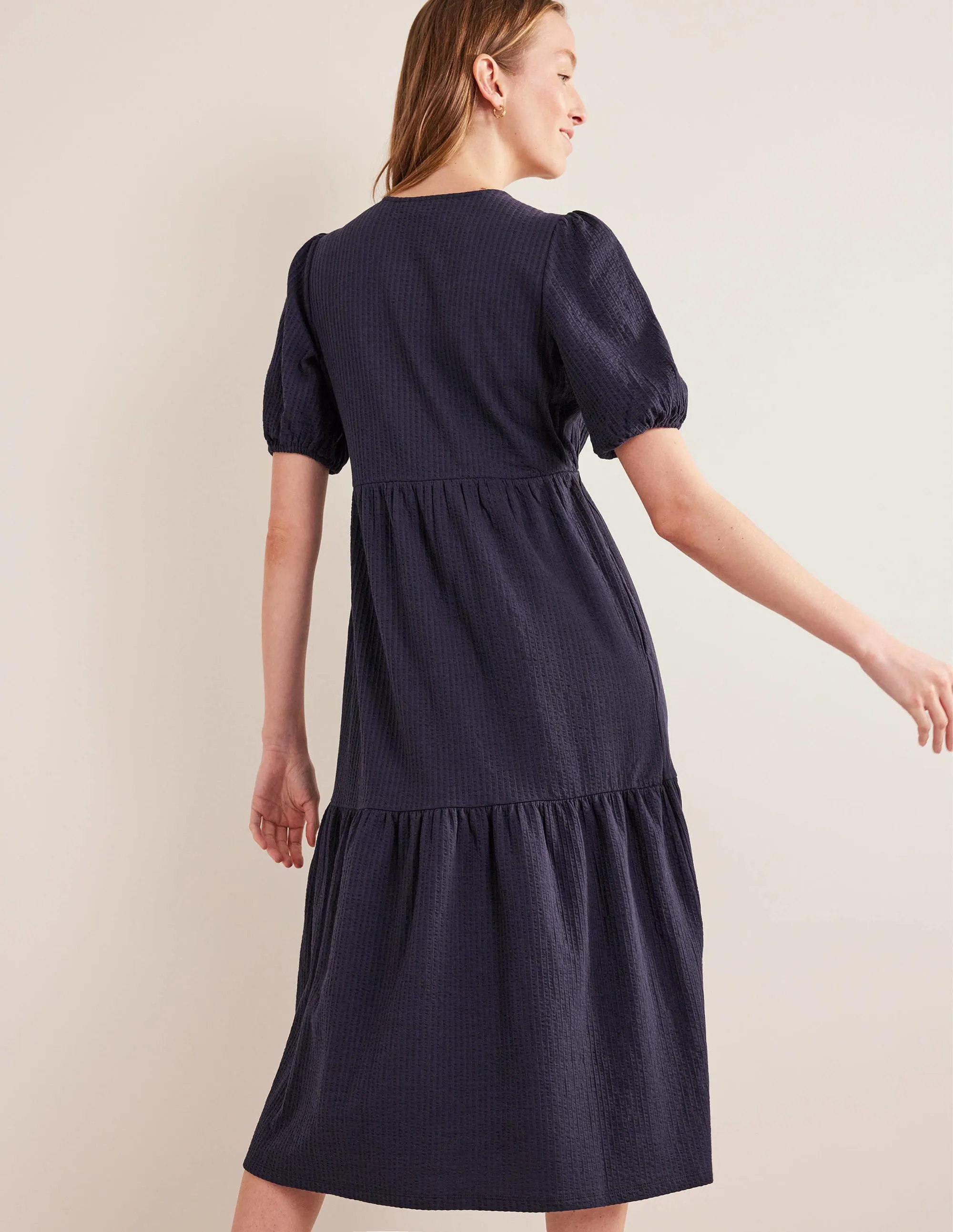 Jersey Seersucker Midi Dress-Navy