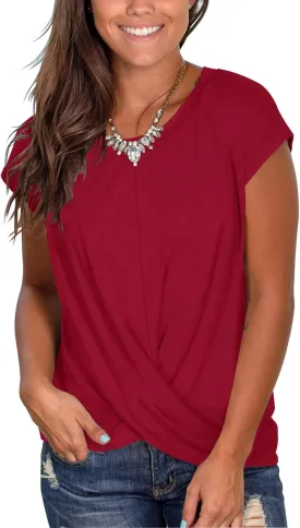 Jescakoo Women's Short Sleeve Round Neck T Shirt Front Twist Tunic Tops Casual Loose Fitted