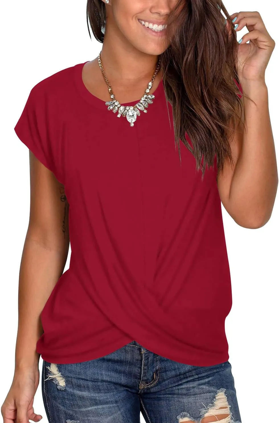 Jescakoo Women's Short Sleeve Round Neck T Shirt Front Twist Tunic Tops Casual Loose Fitted