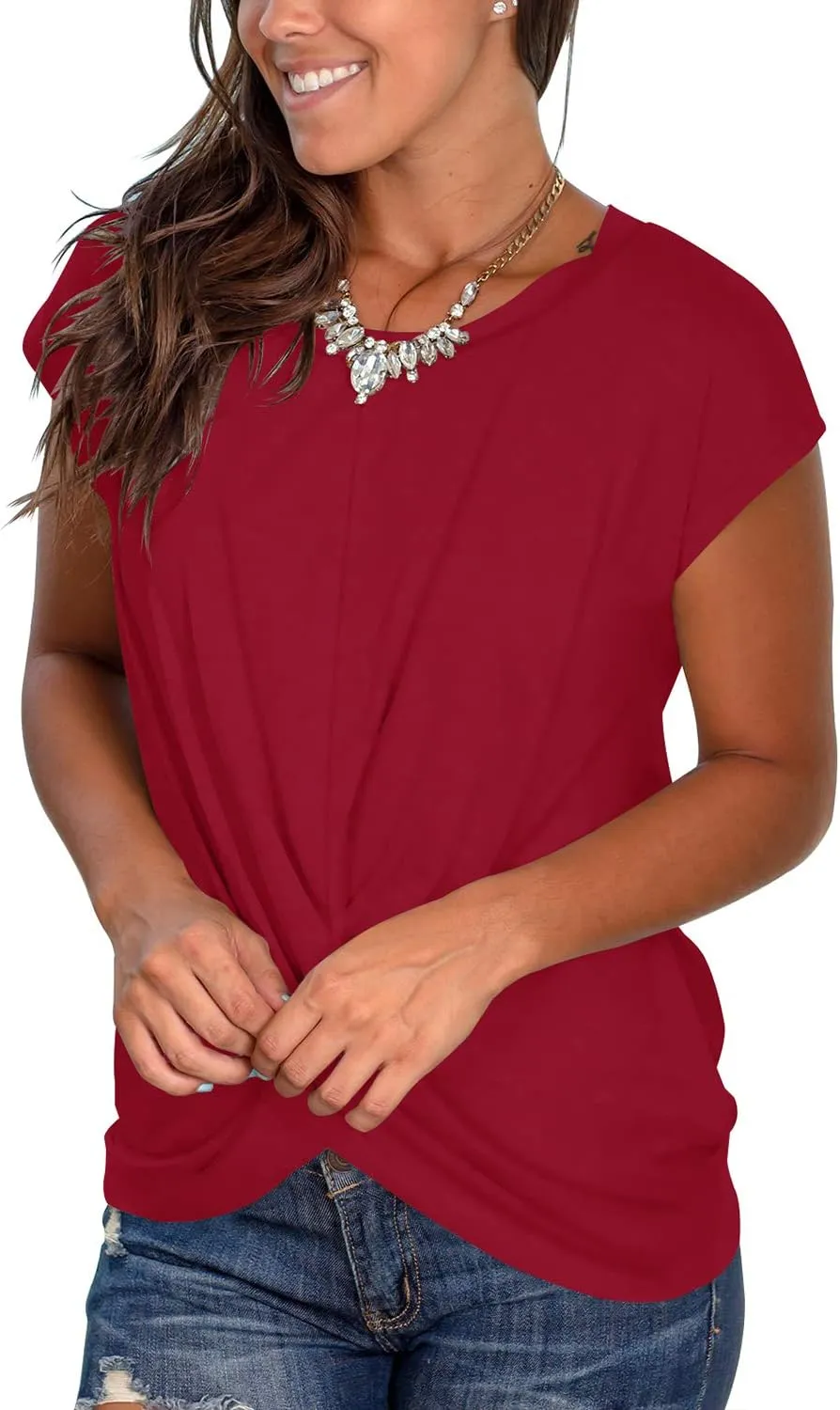 Jescakoo Women's Short Sleeve Round Neck T Shirt Front Twist Tunic Tops Casual Loose Fitted