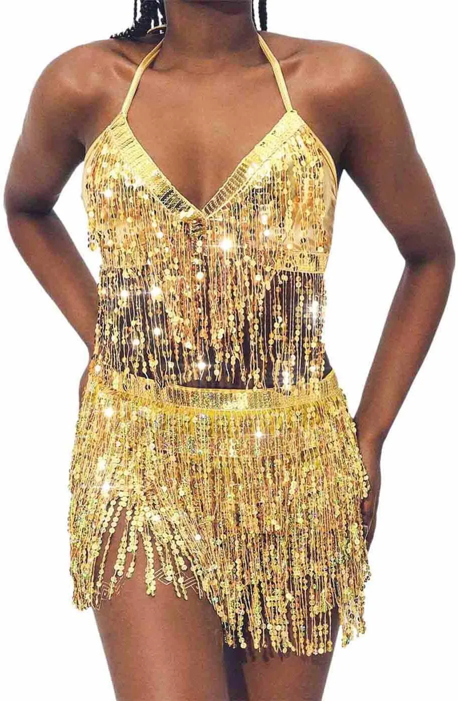 Kakaco Belly Dance Skirt with Crop Top Sequins Fringe Skirts Set Rave Dance Bra Top Party Costume Outfits for Women and Girls
