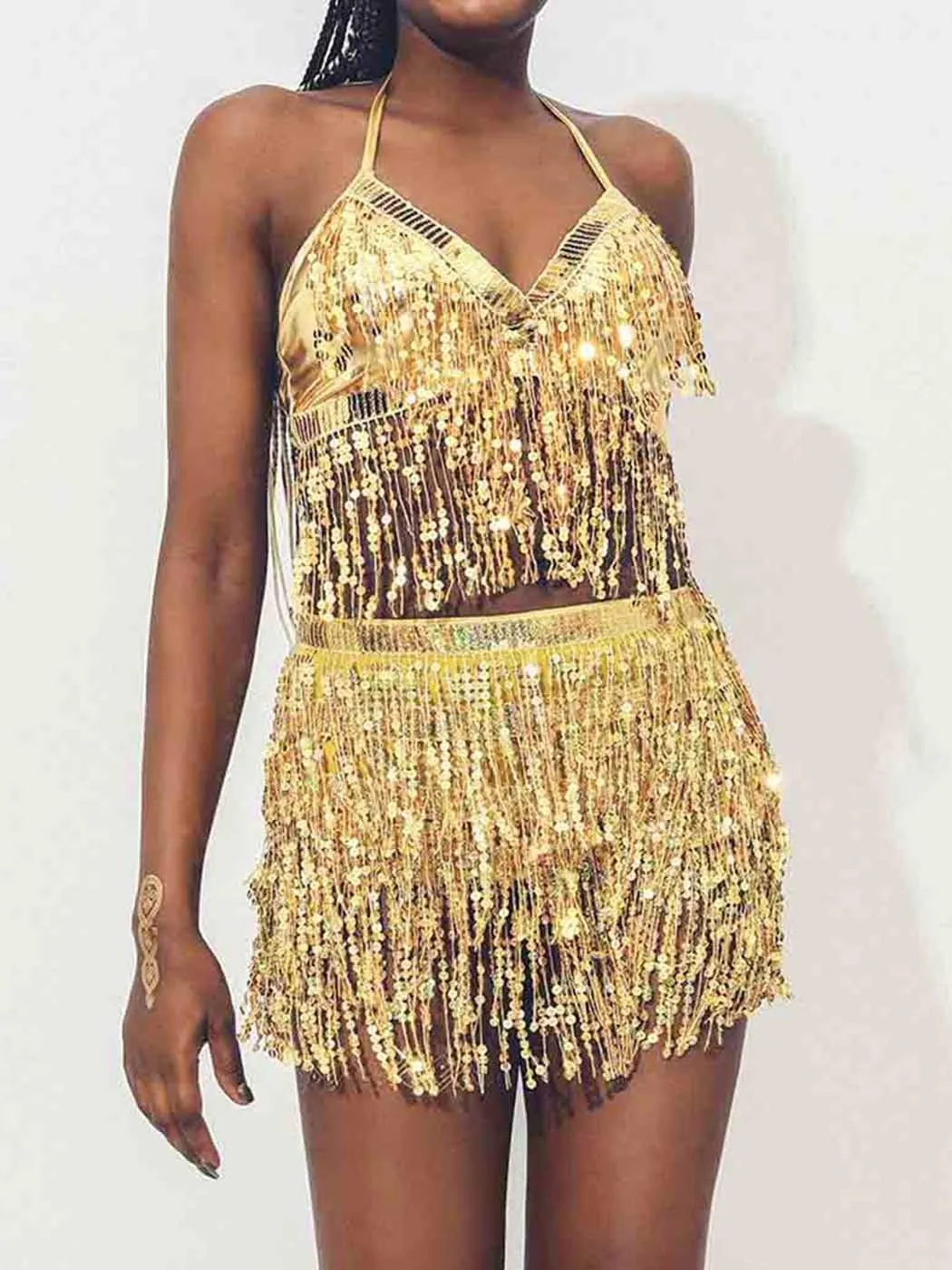 Kakaco Belly Dance Skirt with Crop Top Sequins Fringe Skirts Set Rave Dance Bra Top Party Costume Outfits for Women and Girls