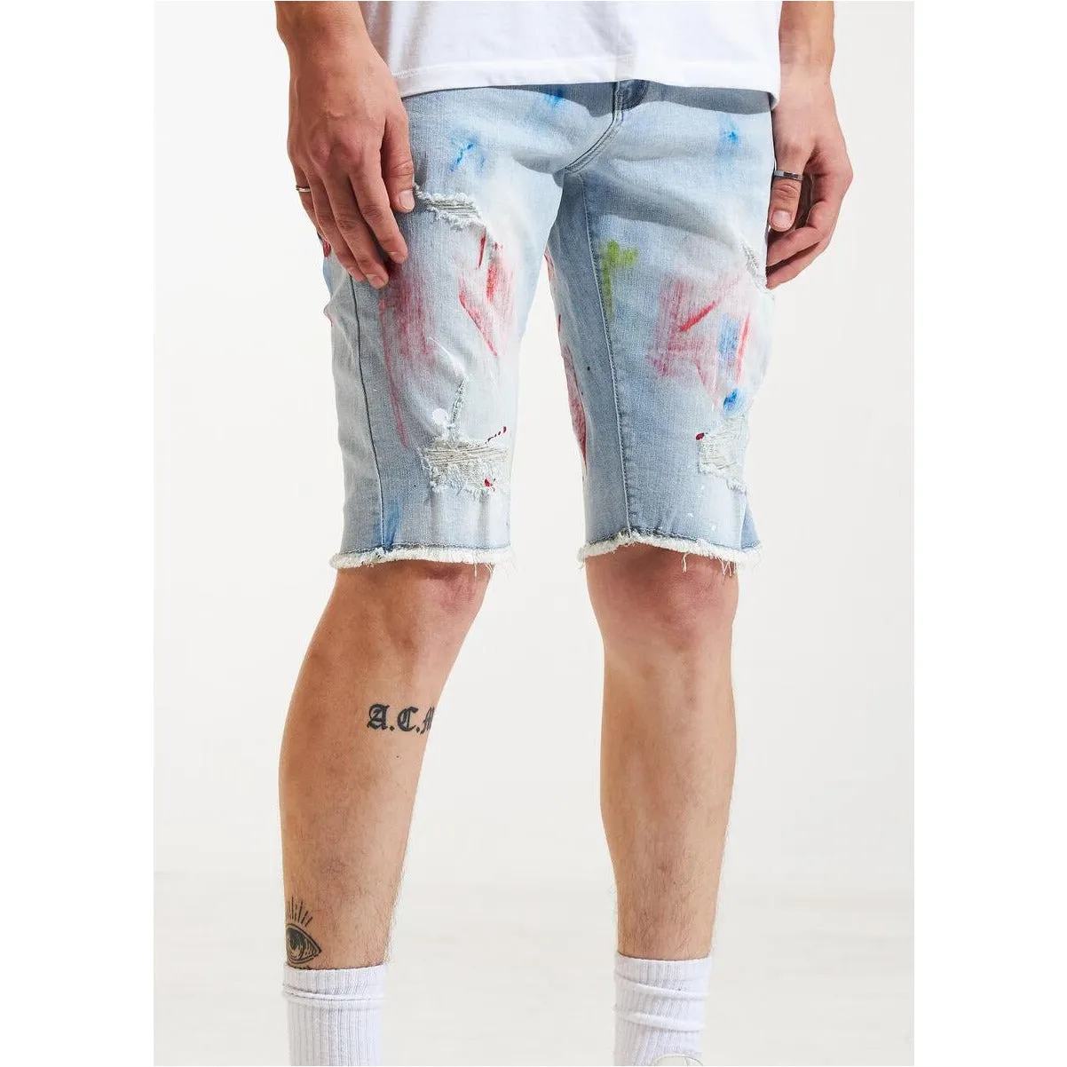 Karter Collection Lt.Blue Denim Shorts w/Paint (KARPK-409)