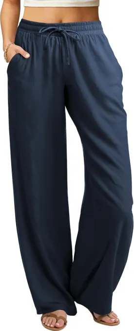 keriffe Women's Summer Casual Pants Loose Fit Beach Pants High Waist Drawstring Wide Straight Leg Palazzo Trousers Pockets